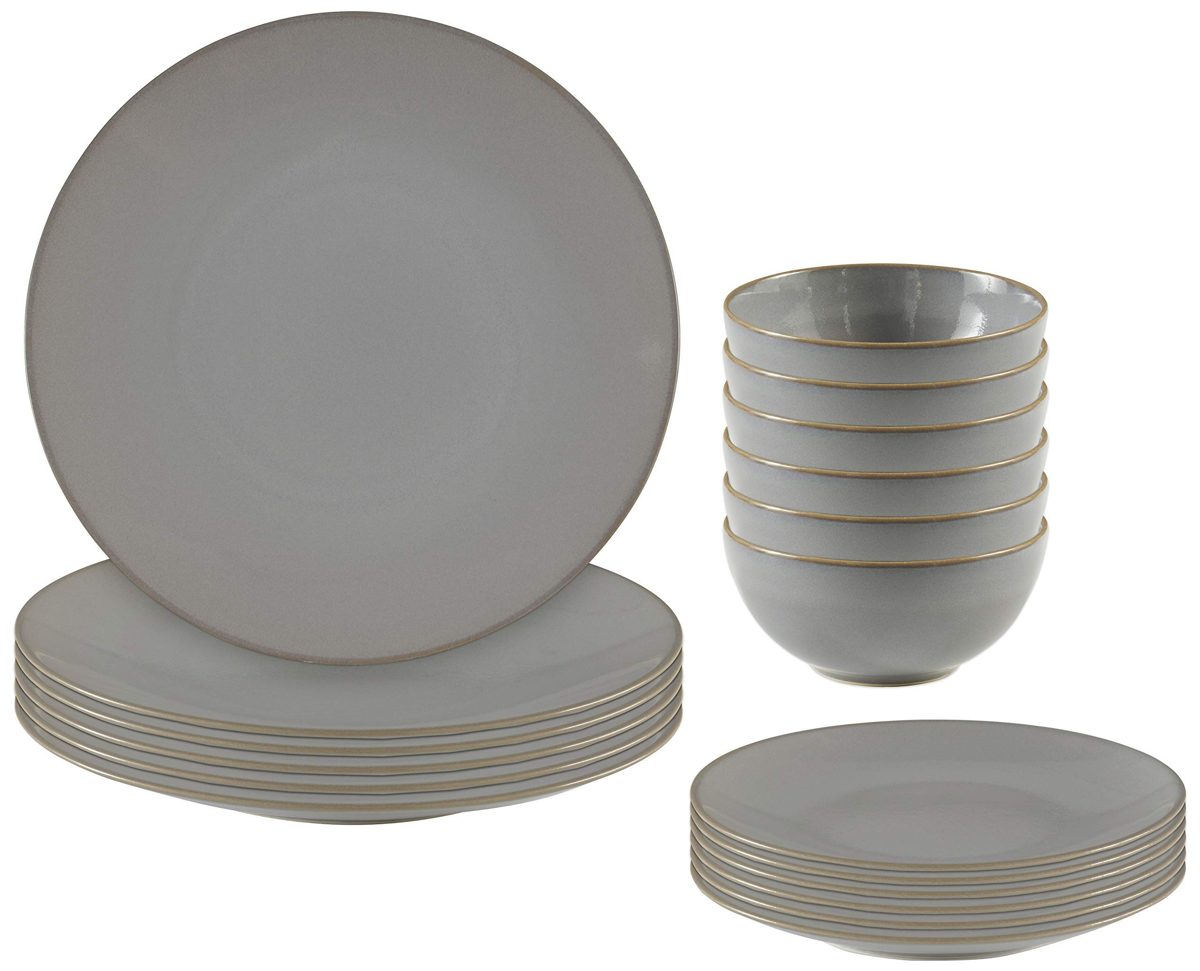 Amazon Brand – Stone & Beam Corwin Rustic Reactive-Glaze Stoneware 18-Piece Dinnerware Set, Service for 6, Granite