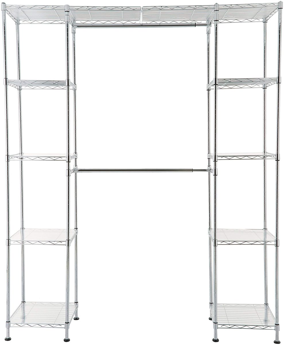 AmazonBasics Expandable Metal Hanging Storage Organizer Rack Wardrobe with Shelves, 14"-63" x 58"-72", Chrome (Renewed)