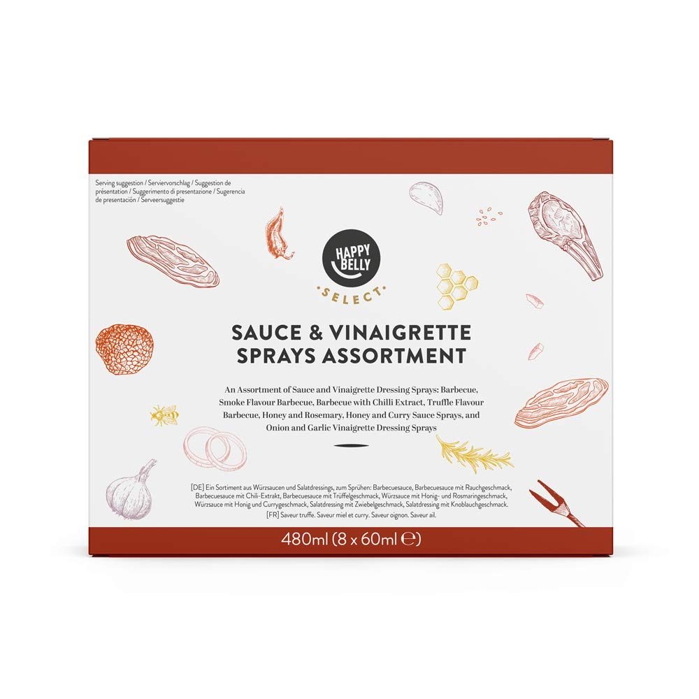 Amazon Brand- Happy Belly Select- Sauces & Vinaigrettes (Set of 8) ( Classic, Smoked, Spicy, Tartufata, Honey & Rosemary, Honey & Curry, Garlic, Onion)