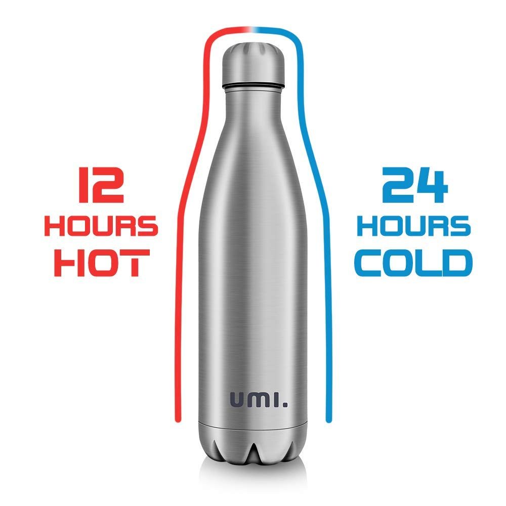 UMI. by Amazon Water Bottle in Stainless Steel / 750 ml or 500 ml / Vacuum Insulated Thermos Bottle / BPA-Free / Leak-Proof / Water Bottle for Sports, Outdoors, Office or School, Stainless steel, 750ml