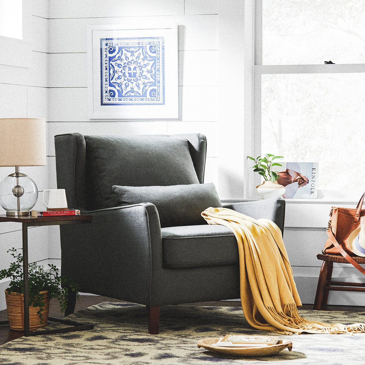 Amazon Brand – Stone & Beam Sascha Removable Cushion Wingback Accent Chair, 34.6"W, Deep Grey