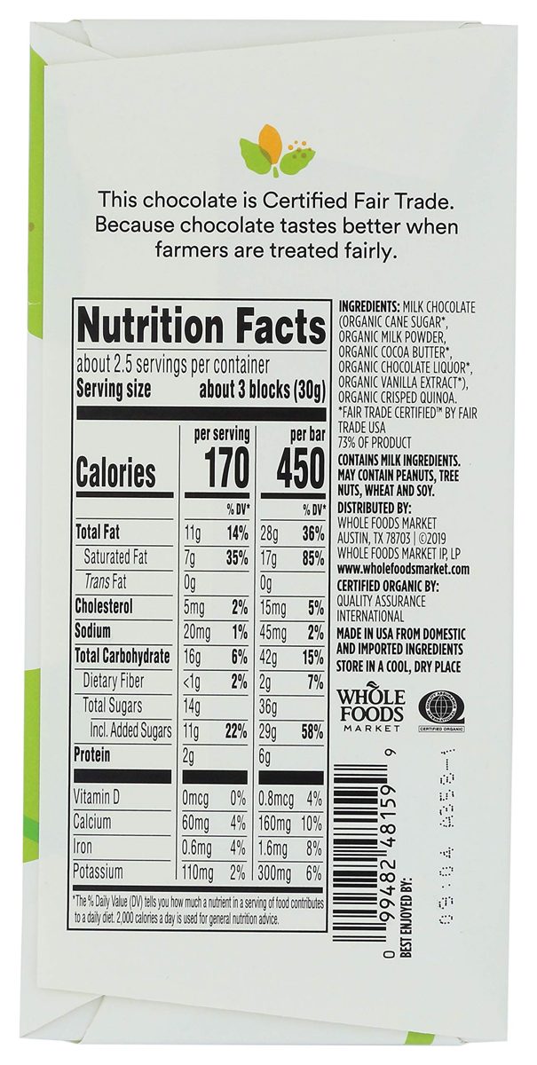 365 EVERYDAY VALUE Organic WTG Crunchy Quinoa Milk Chocolate Bar, 2.8 OZ