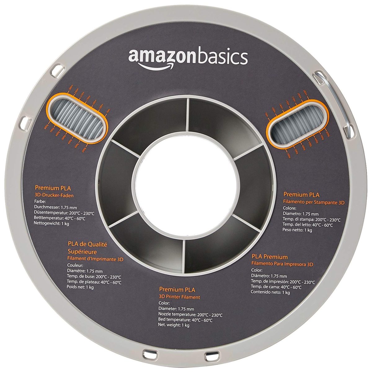 AmazonBasics Premium PLA 3D Printer Filament, 1.75mm, Grey, 1 kg Spool