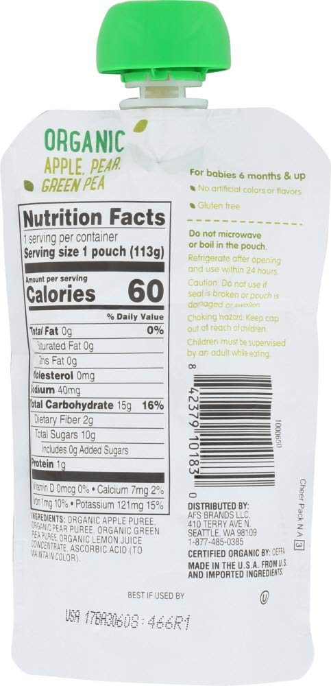 Amazon Brand - Mama Bear Organic Baby Food Pouch, Stage 2, Apple Pear Green Pea, 4 Ounce Pouch