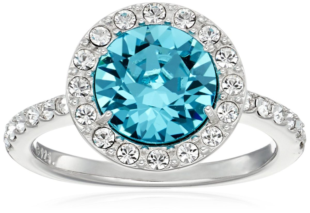 Platinum Plated Sterling Silver Aquamarine Color Made with Swarovski Crystal Ring, Size 7