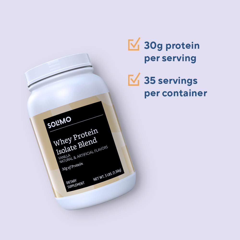 Amazon Brand - Solimo Whey Protein Isolate Blend, Vanilla, 3 Pound Value Size (35 Servings)