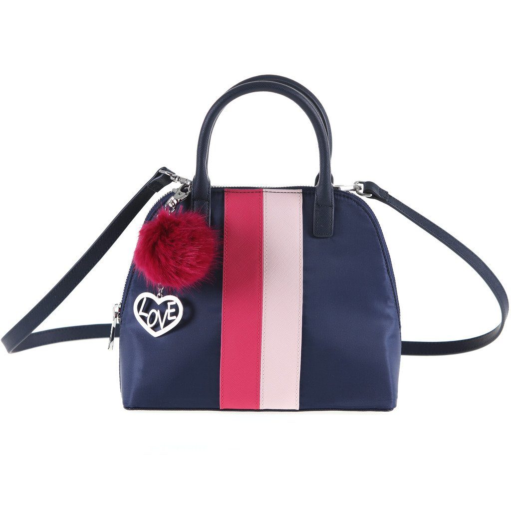 The Lovely Tote Co. Women's Contrast-Stripe Nylon Top Handle Bowler with Faux-Fur Pom Charm,