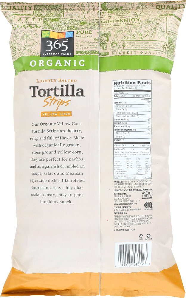 365 Everyday Value, Organic Lightly Salted Tortilla Strips, Yellow Corn, 16 Ounce