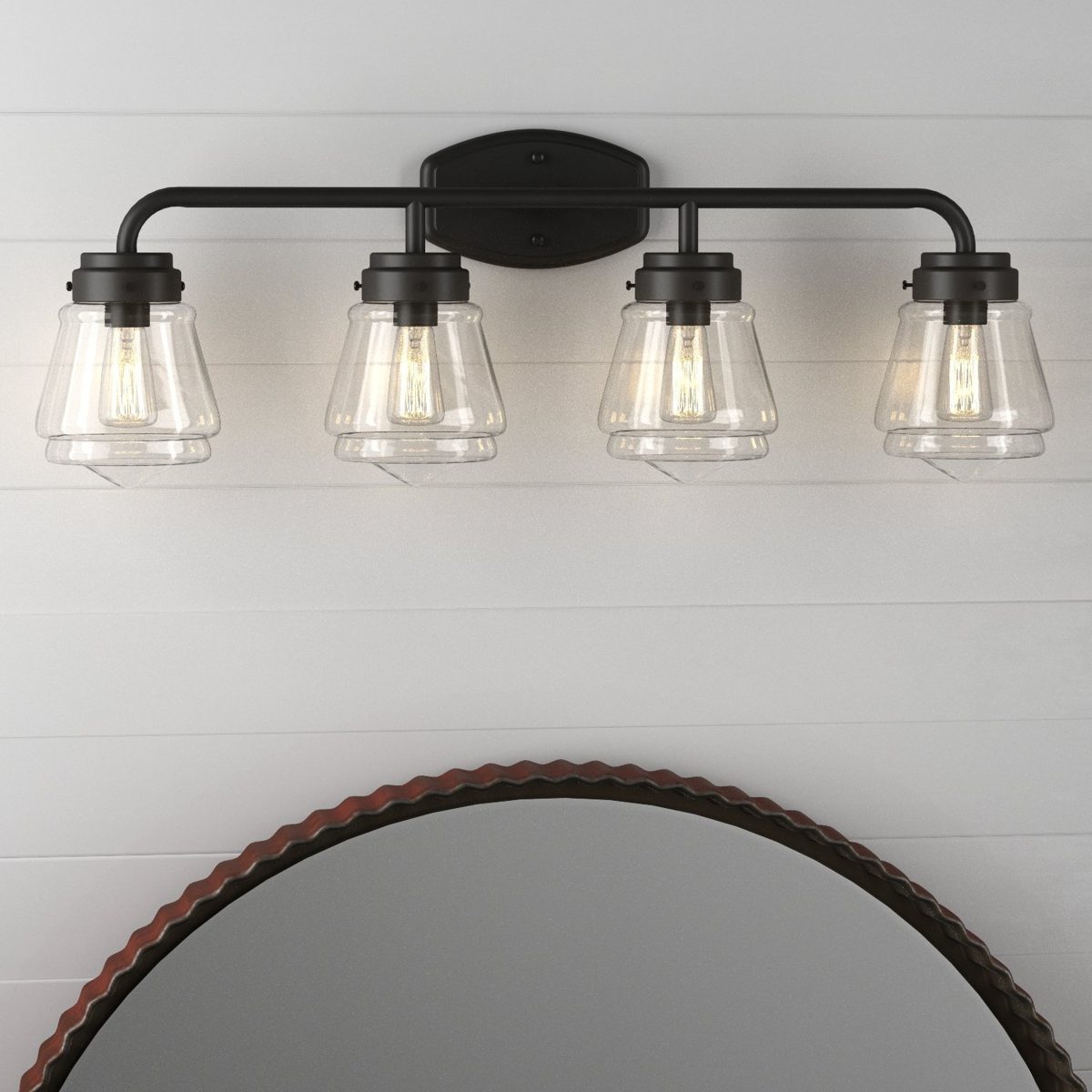 Amazon Brand – Stone & Beam Vintage Bathroom Vanity Fixture With 4 Light Bulbs And Glass Shade - 32.25 x 7 x 11.5 Inches, Matte Black