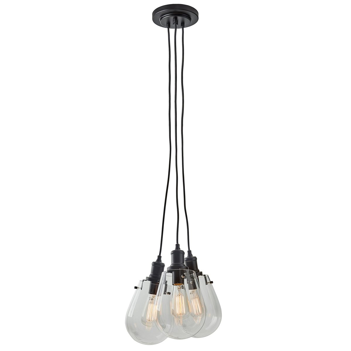Amazon Brand – Stone & Beam Melissa Industrial Round Glass Cluster Pendant Chandelier Fixture With 3 Light Bulbs - 6.75 x 6.75 Inches, 13.5 - 62.5 Inch Cord, Black