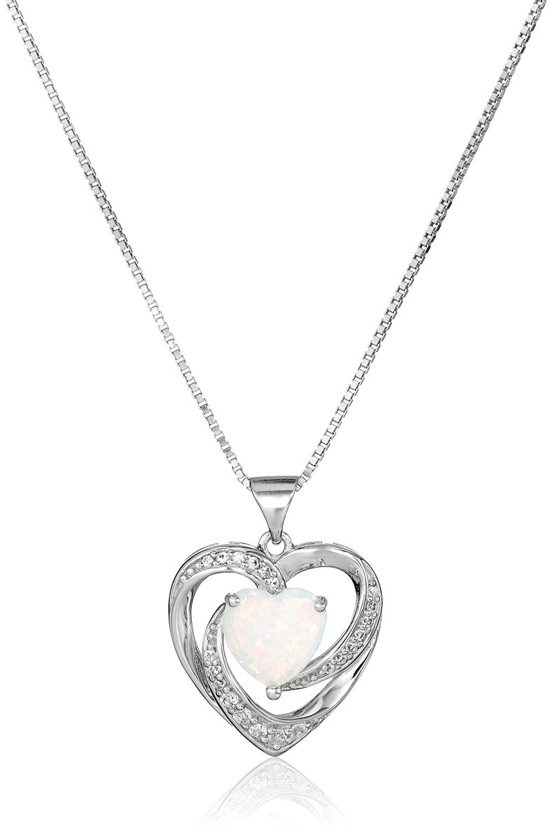 Sterling Silver Created Opal and White Sapphire Open Heart Pendant Necklace, 18"