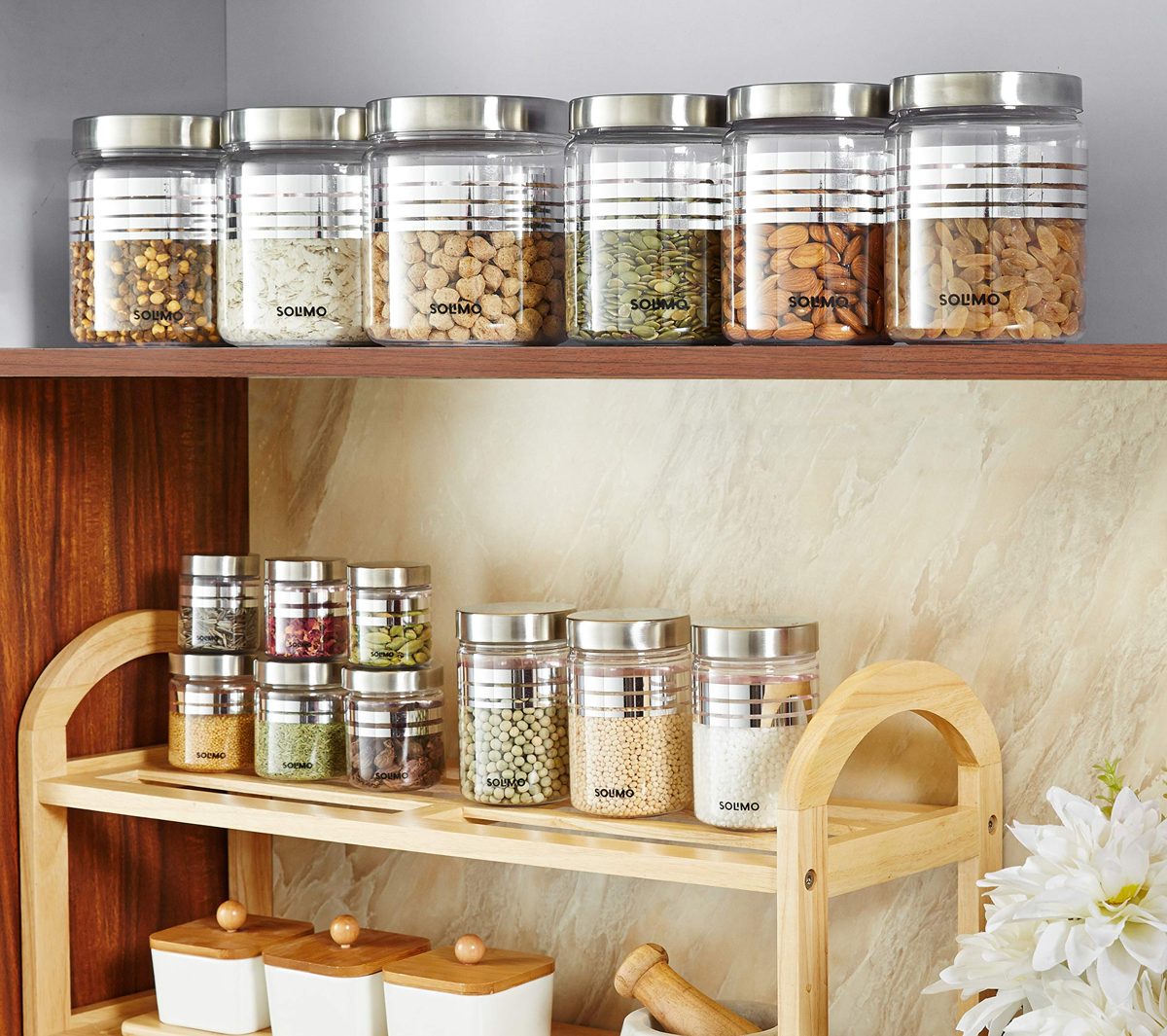 Amazon Brand - Solimo Plastic Container Set, 15-Pieces, Silver with Stainless Steel Lid & Wide Mouth