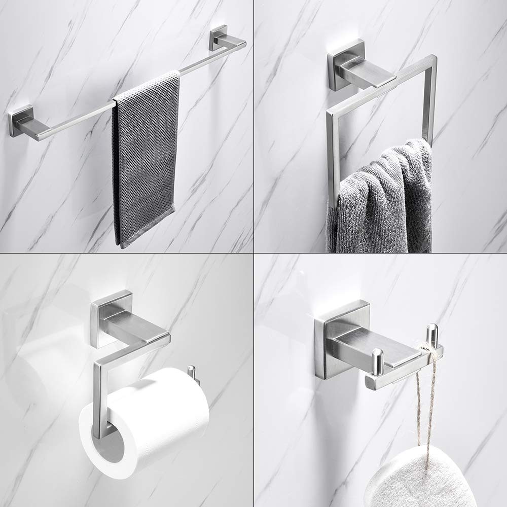 Umi 4-Piece Bathroom Hardware Set, Wall Mounted Stainless Steel Bathroom Accessory Brushed Nickel,Single Towel Bar Rail, Towel Ring,Toilet Roll Holder, Robe Hook Combo kit