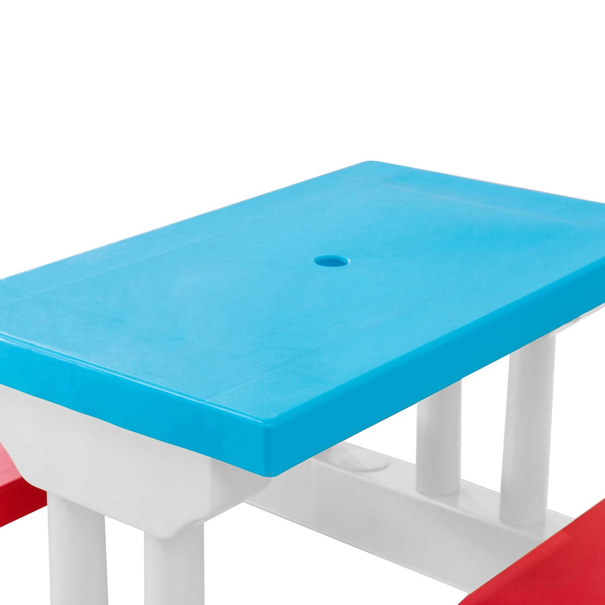 AmazonBasics Plastic Multicolored Kids Outdoor Table with Umbrella - Red/White/Blue (Renewed)