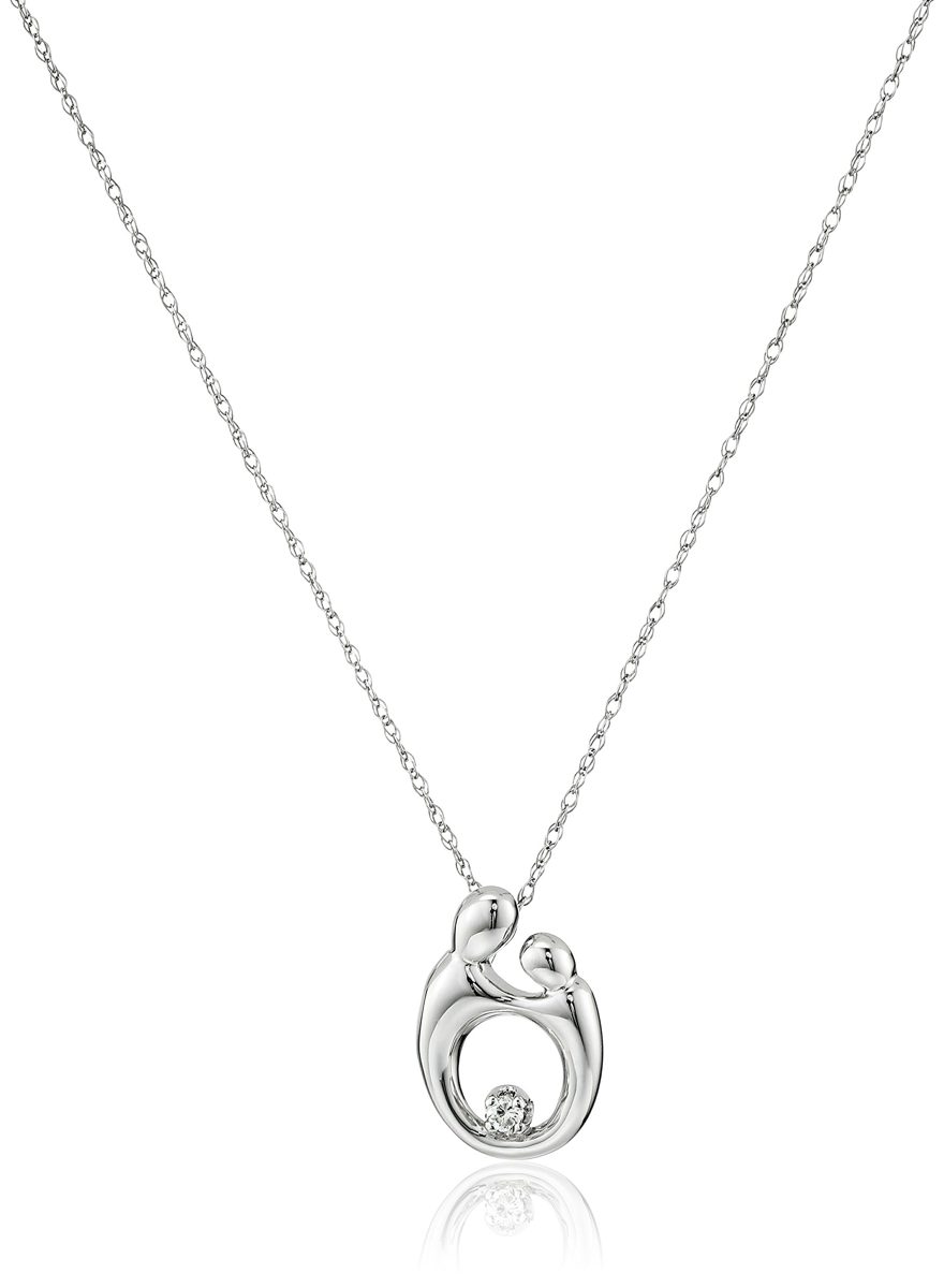 14k White Gold and Diamond Mother and Child Pendant Necklace, 18"
