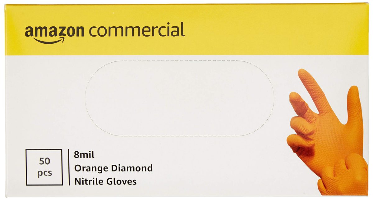 AmazonCommercial Powder Free Disposable Nitrile Gloves, 8 mil, Orange, Diamond Textured, 240 mm Size XXL, 500 (10 Boxes of 50)