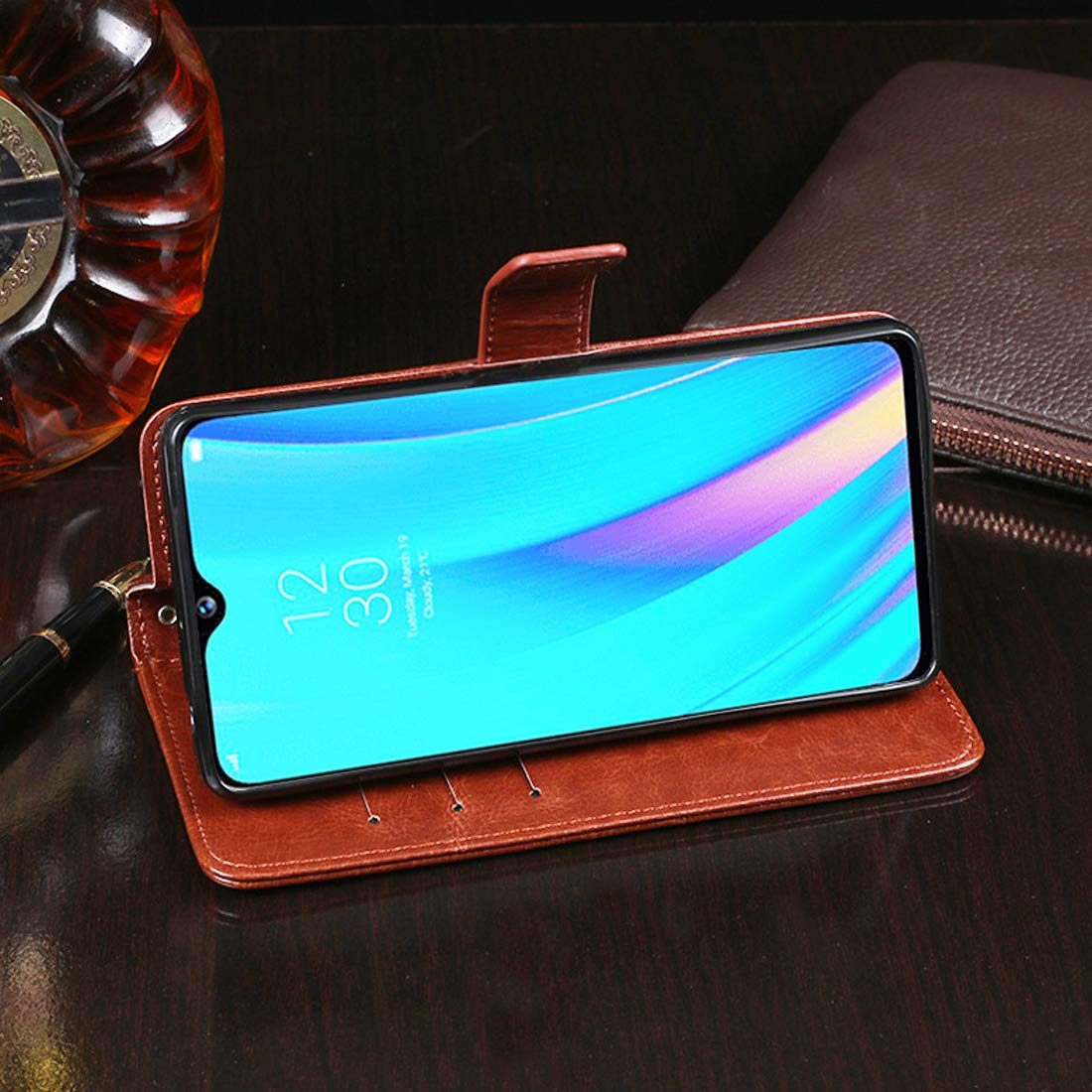 Amazon Brand - Solimo Flip Leather Mobile Cover (Soft & Flexible Back case) for Realme 3 Pro (Brown)