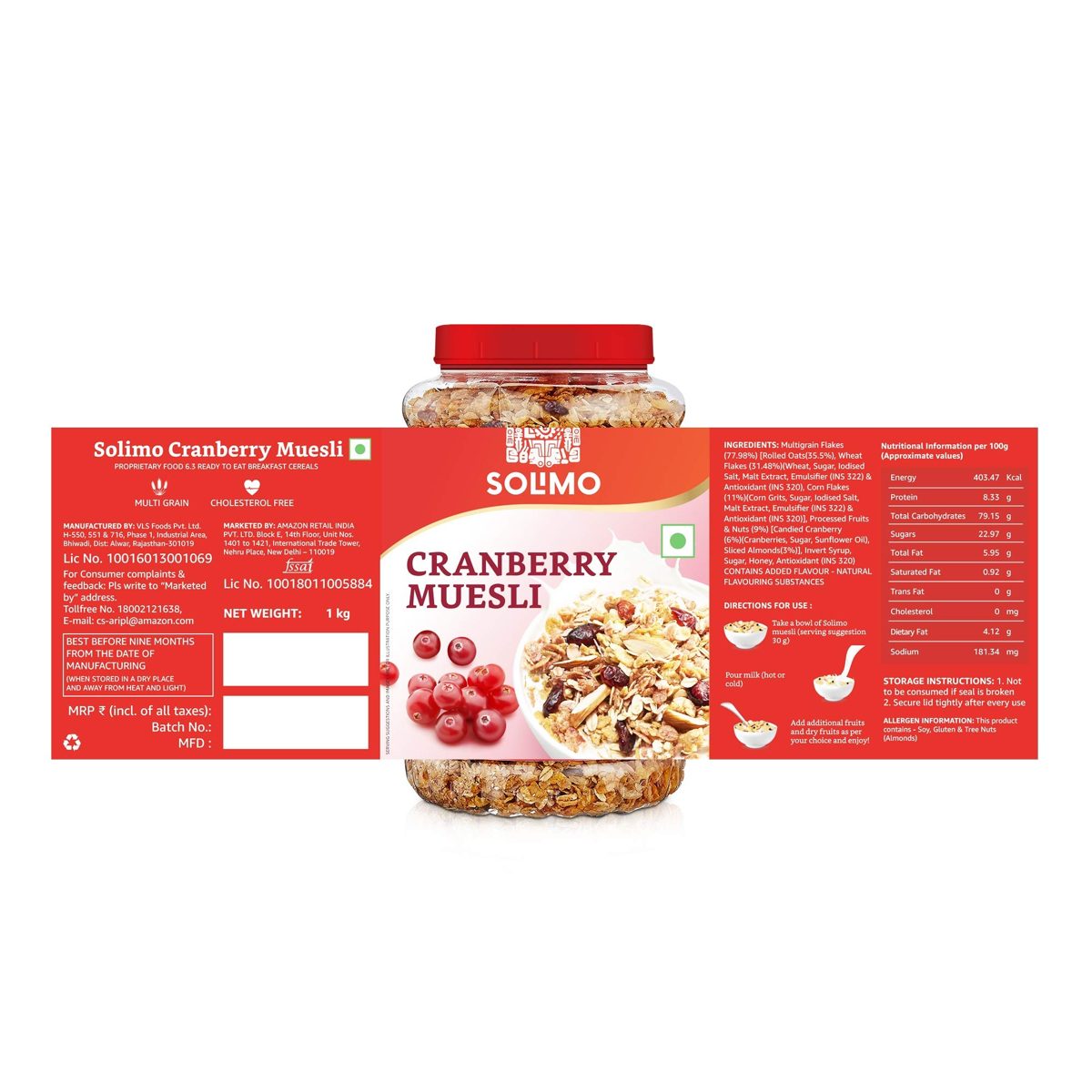 Amazon brand - Solimo Cranberry Muesli, 1kg
