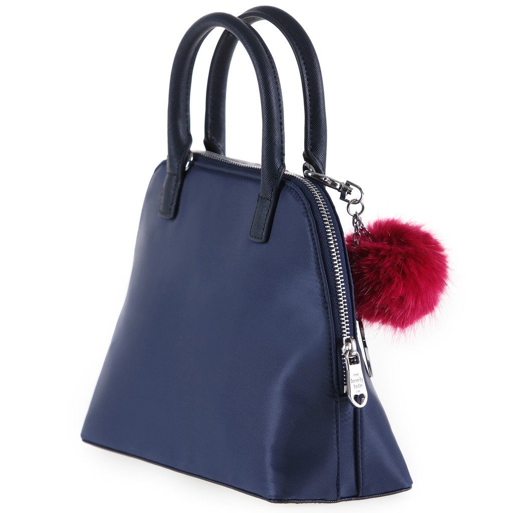 The Lovely Tote Co. Women's Contrast-Stripe Nylon Top Handle Bowler with Faux-Fur Pom Charm,