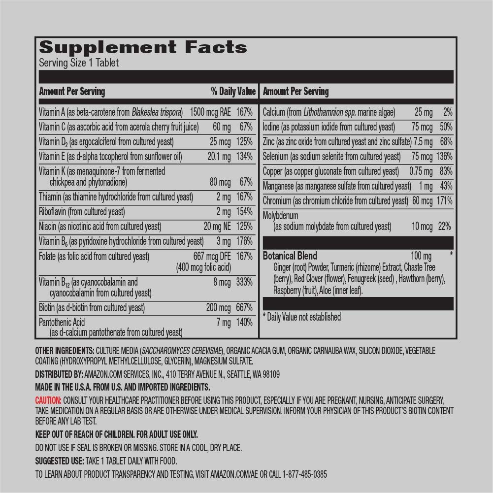 Amazon Elements Women's 40+ One Daily Multivitamin, 66% Whole Food Cultured, Vegan, 65 Tablets, 2month Supply & Men's One Daily Multivitamin, 62% Whole Food Cultured, Vegan, 65 Tablets, 2month Supply