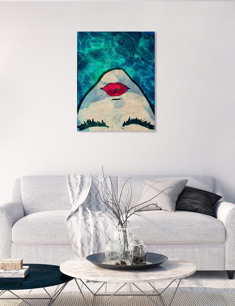 Amazon Brand – Rivet Red Lips in the Blue Water Print Wall Art Decor, 24" x 28"