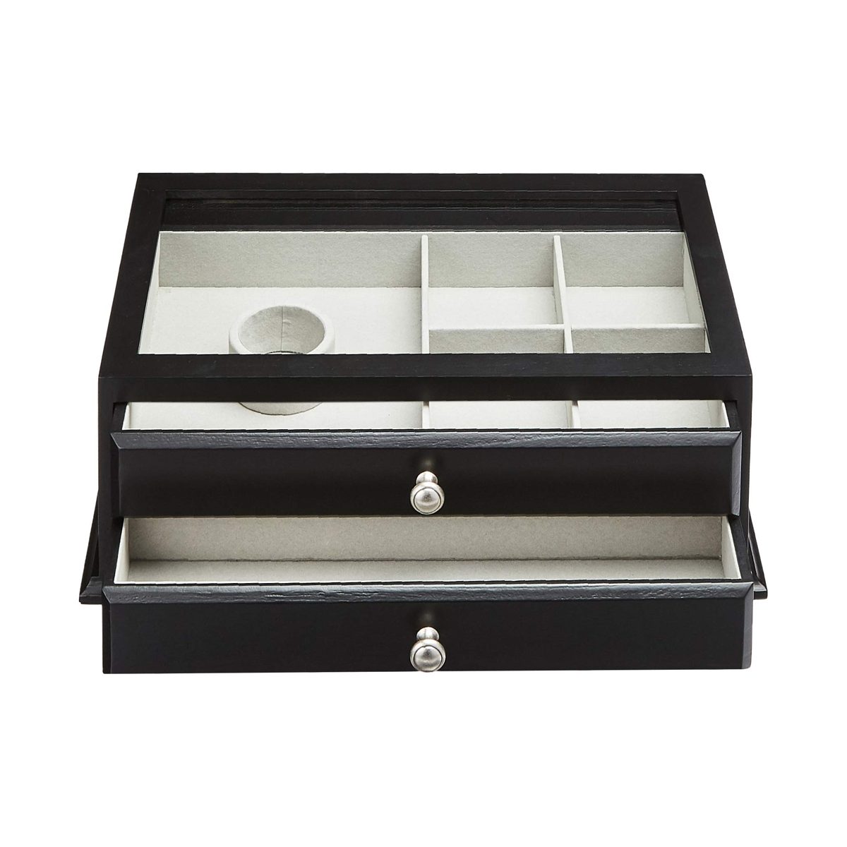 AmazonBasics Wooden Jewelry/Watch Box with Glass Top - 2-Drawer, Black