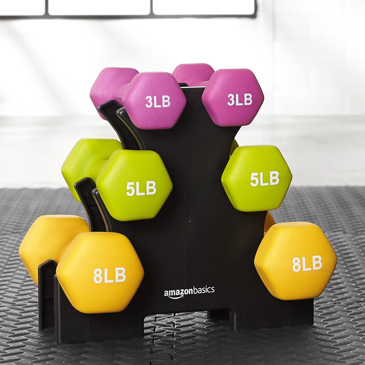 AmazonBasics Neoprene Workout Dumbbell Hand Weights, 32 Pounds Total, Purple/Green/Yellow - 3 Pairs (3-Lb, 5-Lb, 8-Lb) & Weight Rack