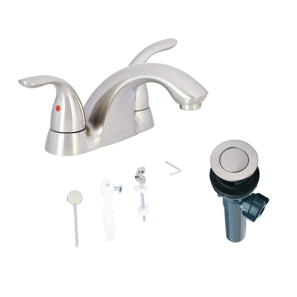 AmazonBasics Standard Two-Handled Basin Faucet, 4 Inch, Satin Nickel