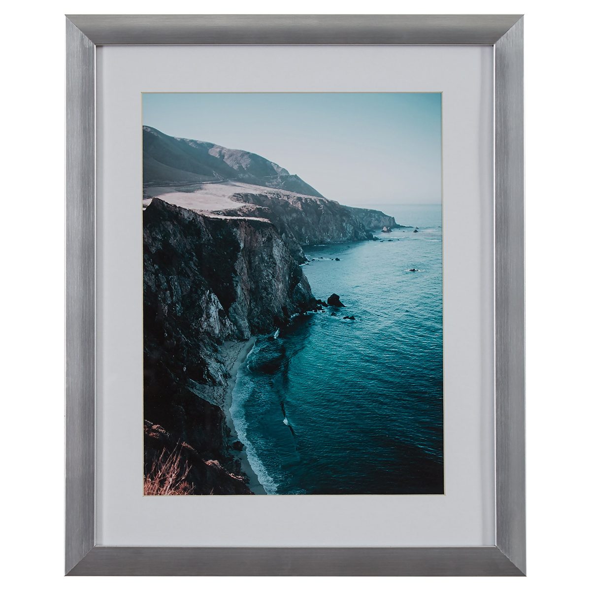 Amazon Brand – Stone & Beam Modern Photo of Rocky Cliffs by Sea in Silver Frame, 18" x 22"