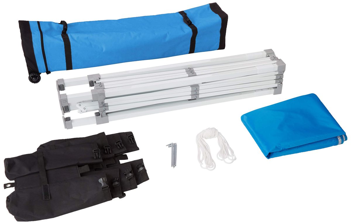 AmazonBasics Outdoor Pop Up Canopy, 10ft x 10ft with Wheeled Carry, 4-pk weight bag, Blue