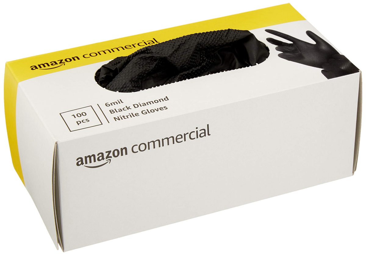 AmazonCommercial Powder Free Disposable Nitrile Gloves, 6 mil, Black, Diamond Textured, 240mm, Size L, 1000 (10 Boxes of 100)