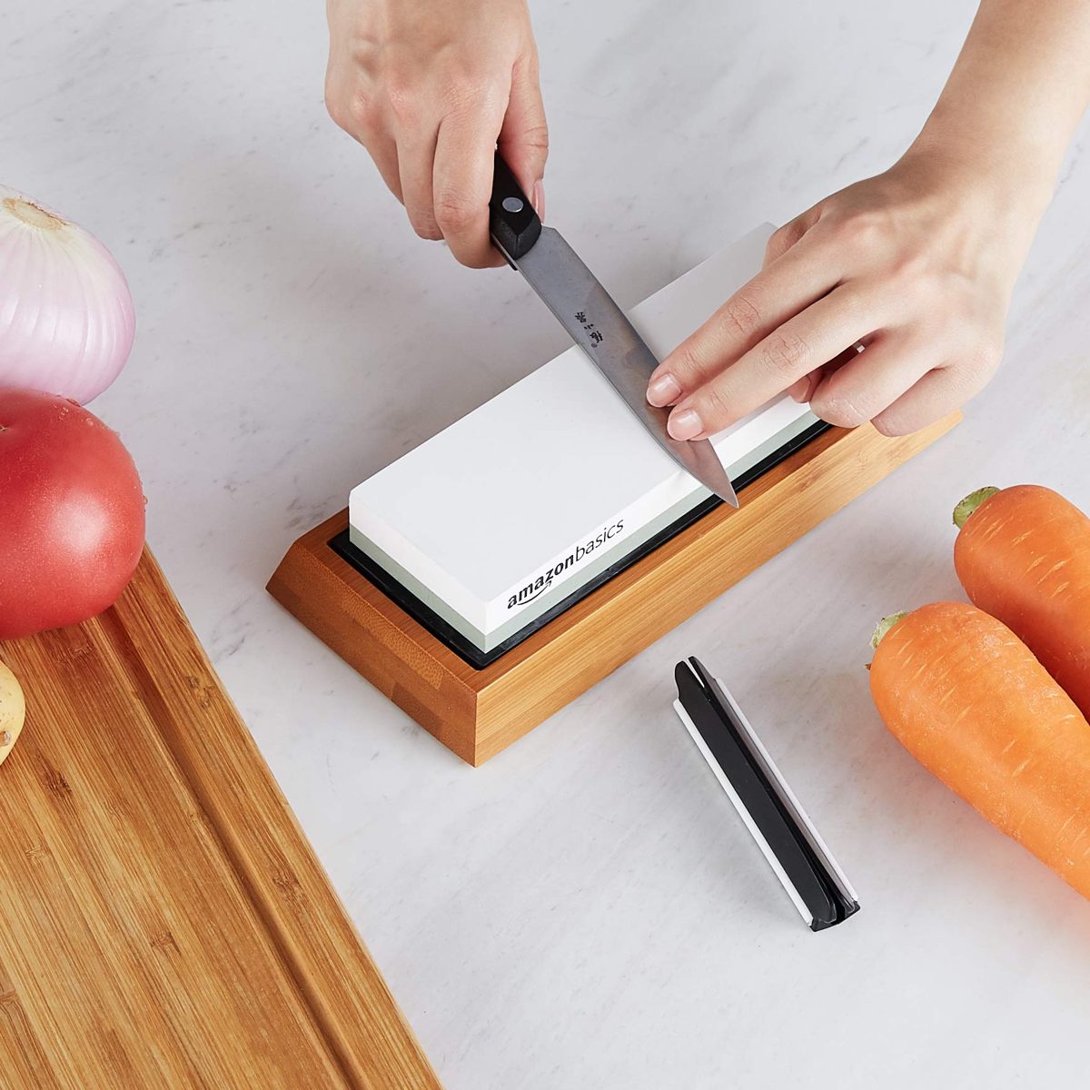 AmazonBasics Whetstone Knife Sharpening Water Stone - Dual-Sided 3000/8000 Grit with Non-Slip Bamboo Base