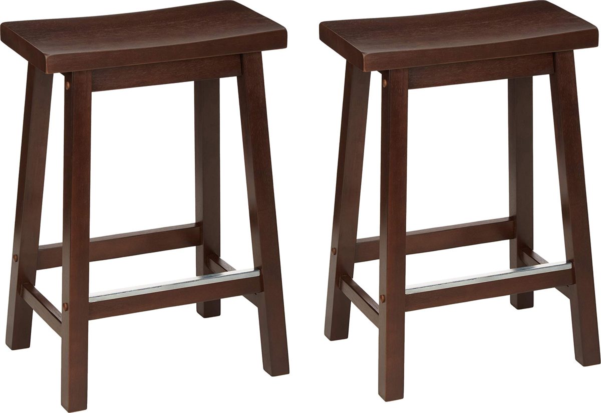 AmazonBasics Classic Solid Wood Saddle-Seat Kitchen Counter Stool with Foot Plate 24 Inch, Walnut, Set of 2
