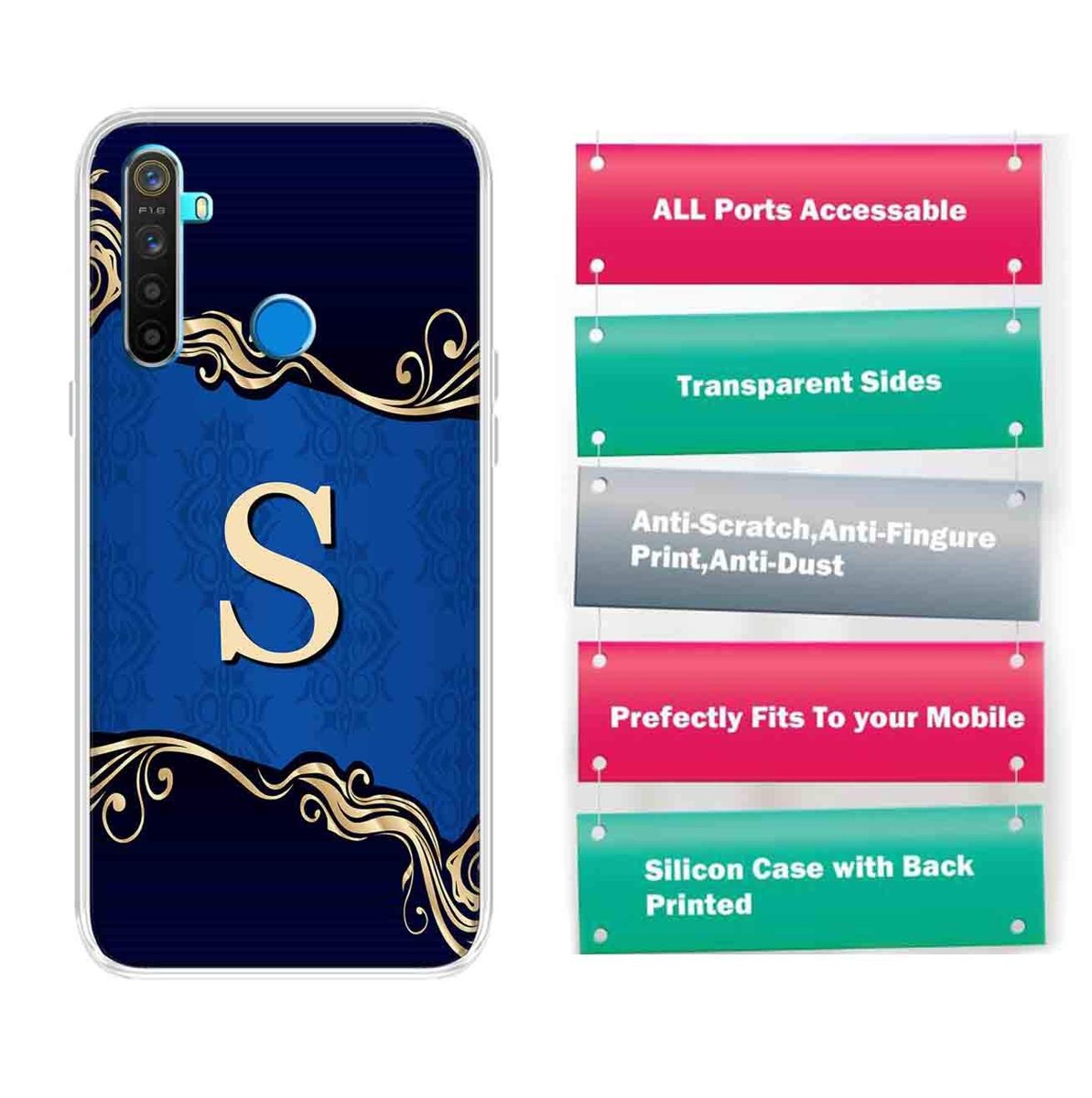 Amazon Brand - Solimo Designer Multicolor Blue Pattern Alphabet-S Printed Soft Back Case Mobile Cover for Realme 5 / Realme 5s / Realme 5i / Narzo 10
