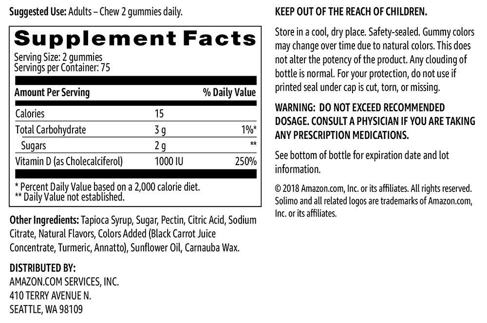 Amazon Brand - Solimo Vitamin D3, 1000 IU, 150 Gummies, Over a 2 Month Supply, Supports Strong Bones and Immune Health