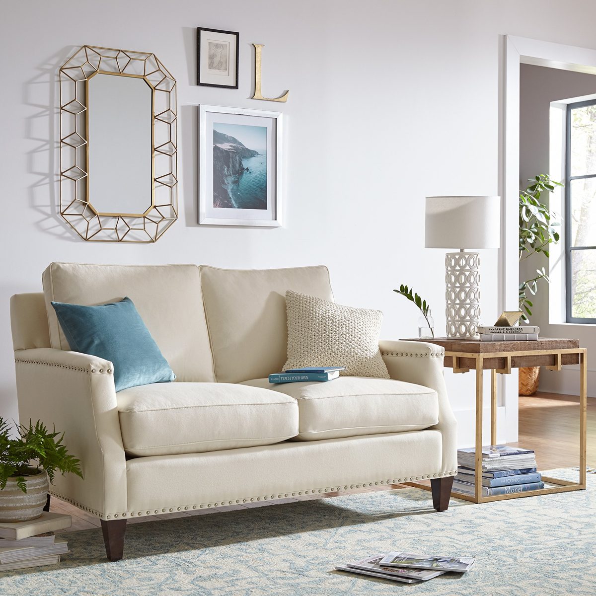 Amazon Brand – Stone & Beam Marin Studded Loveseat, 60"W, Beige