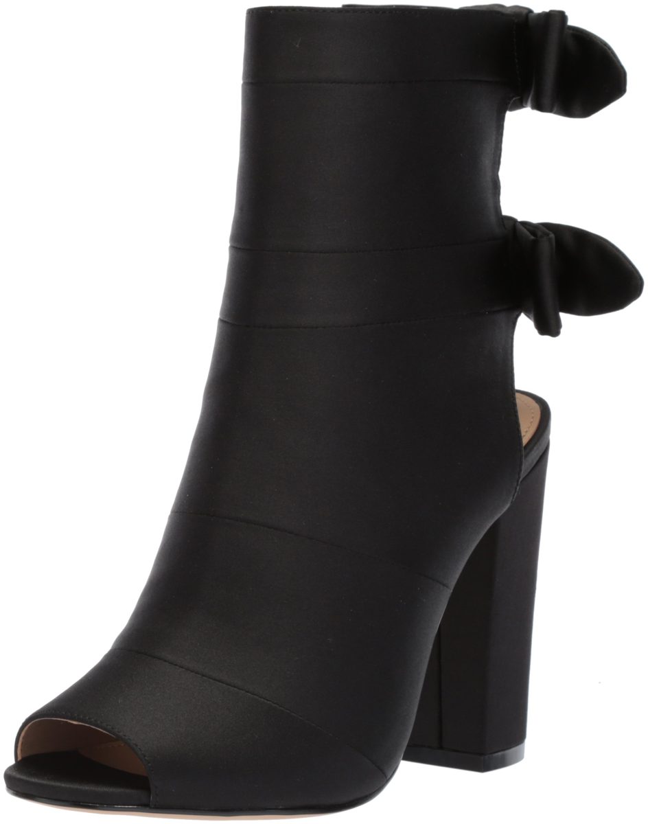 Amazon Brand - The Fix Women's Phoebe Open Toe Block Heel Bootie with Bow Detail Ankle Boot, Black Satin, 6.5 B US