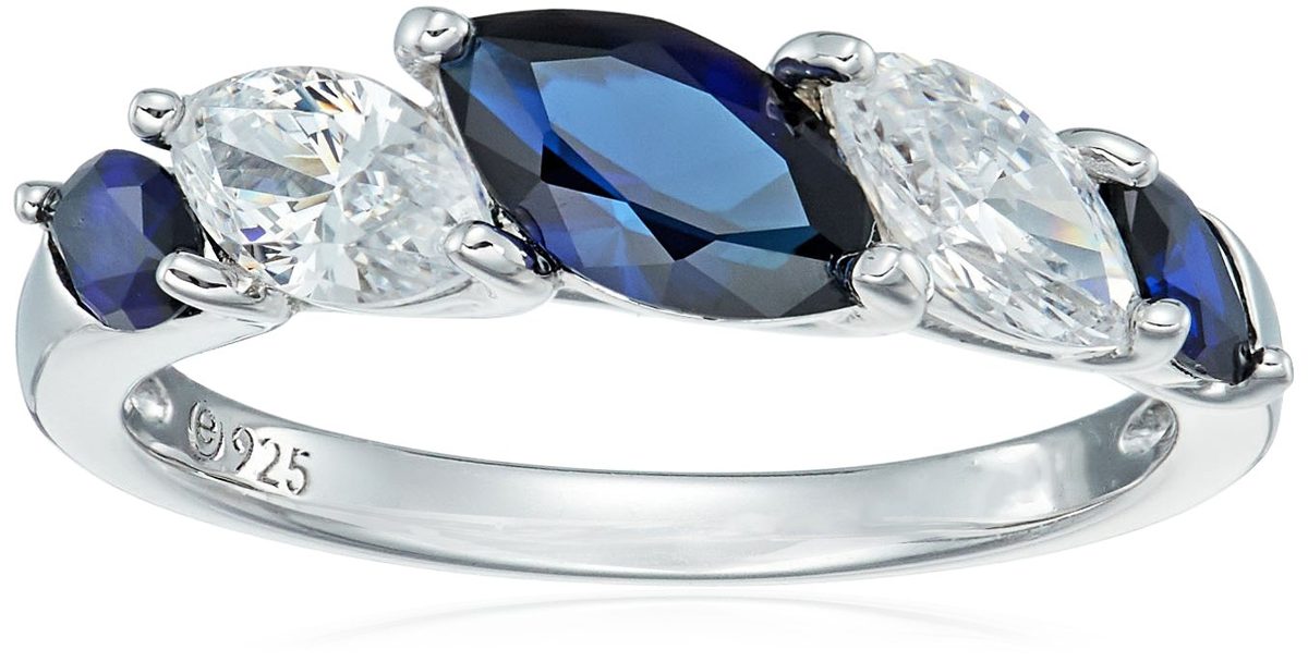 Platinum-Plated Sterling Silver Marquise Created Sapphire 5-Stone Band Swarovski Zirconia Accents Ring, Size 8