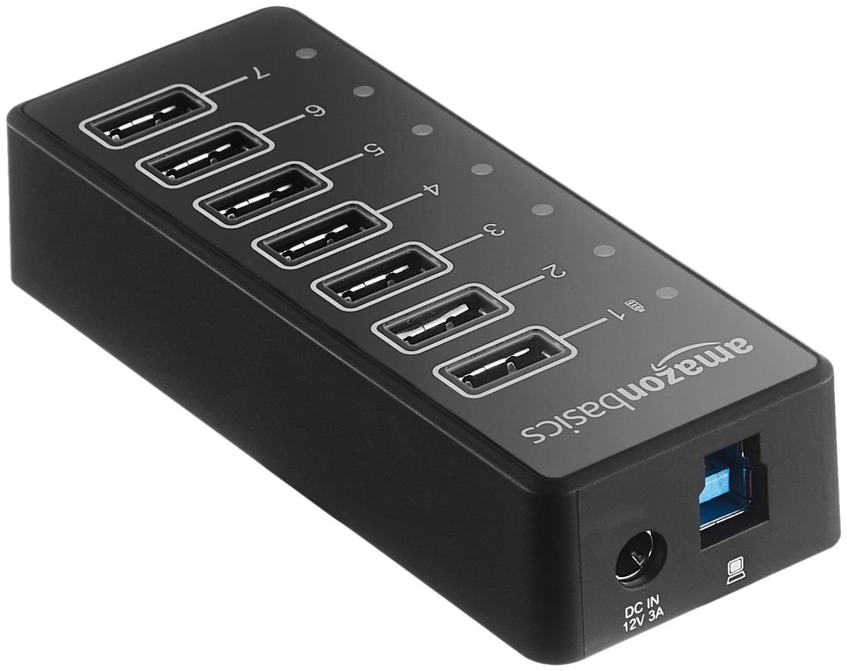AmazonBasics USB-A 3.1 7-Port Hub with Power Adapter - 36W (12V/3A), Black, EU