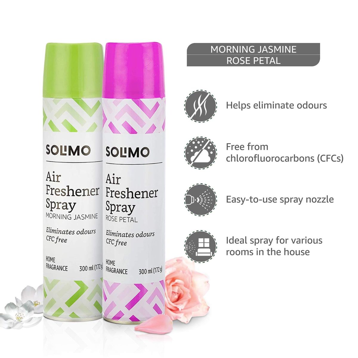 Amazon Brand - Solimo Home Air Freshener Spray, 300 ml - Morning Jasmine & Rose Petal
