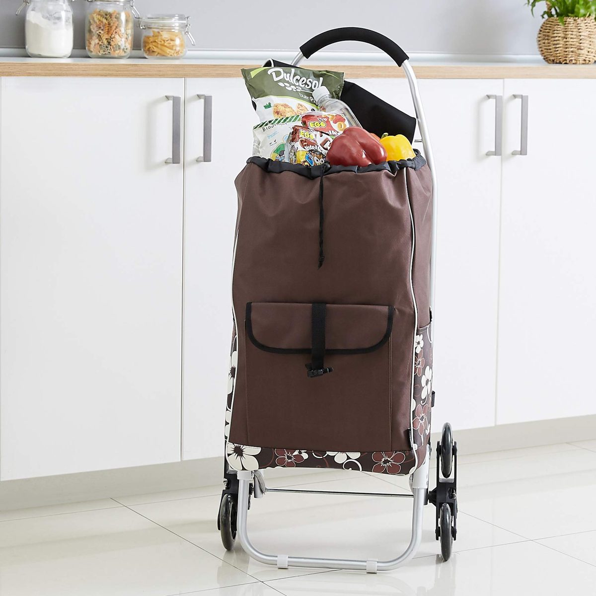 AmazonBasics 6-Wheel Shopping Trolley with Aluminium Handles, 50 Litre, Brown Flowers
