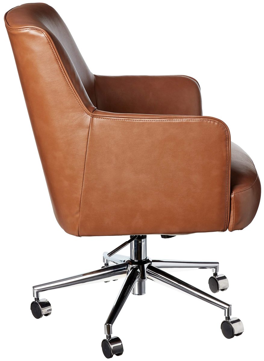 Amazon Brand – Rivet Mid-Century Bonded Leather Swivel Office Chair with Chrome Metal Base, 22.8"W, Saddle Brown