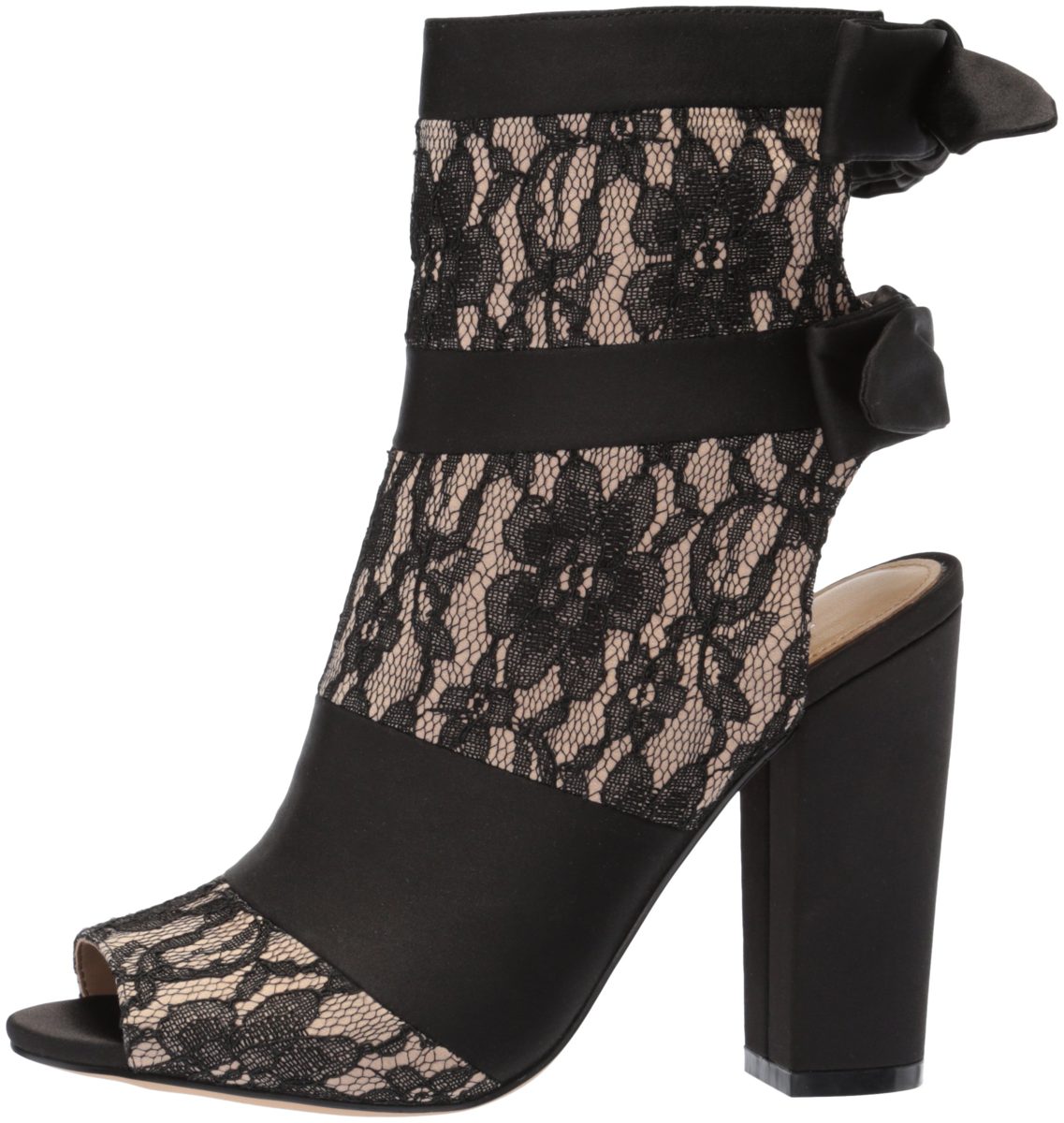 The Fix Amazon Brand Women's Phoebe Open Toe Block Heel Bootie with Bow Detail Ankle Boot, Black/Nude Lace, 11 B US