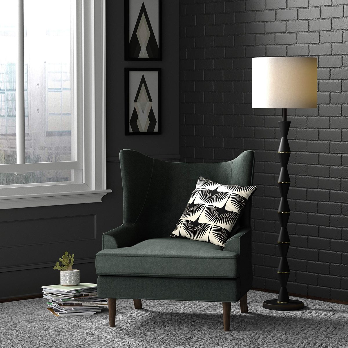 Amazon Brand – Rivet Mid Century Modern Standing Floor Lamp with White Shade and LED Light Bulb - 58.25 Inches, Matte Black and Antique Brass