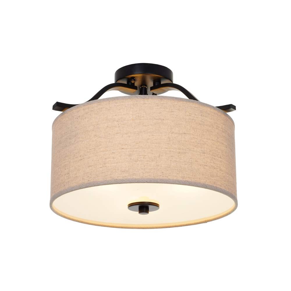Amazon Brand – Ravenna Home Classic Fabric Semi-Flushmount Ceiling Pendant Light Fixture with 3 LED Light Bulbs - 15 x 15 x 11.5 Inches, Dark Bronze