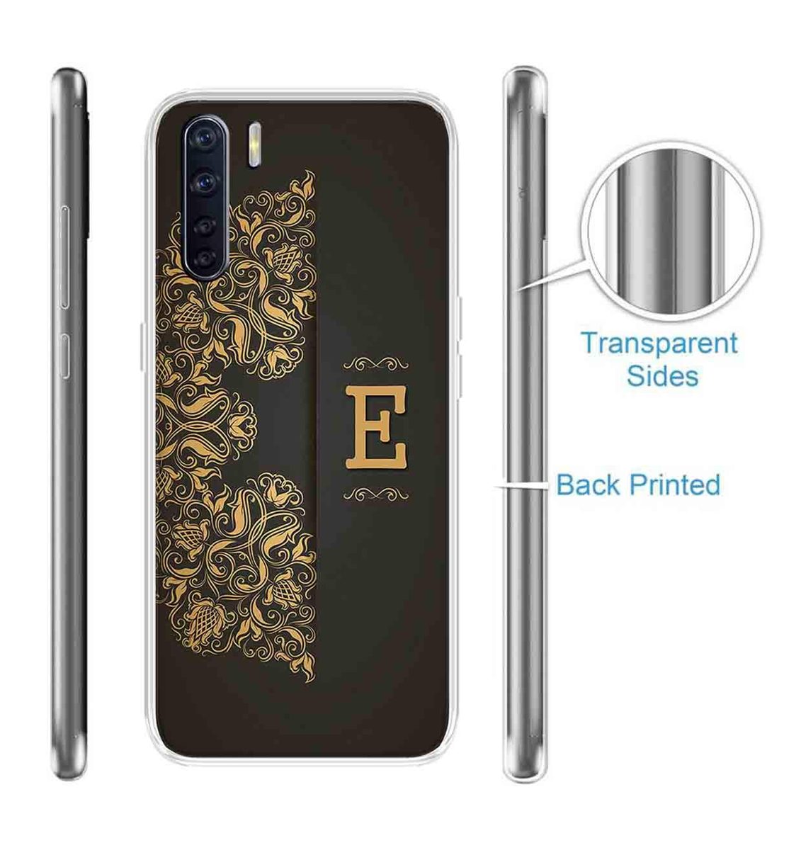 Amazon Brand - Solimo Designer Multicolor Black Pattern Alphabet-E Printed Soft Back Case Mobile Cover for Oppo F15