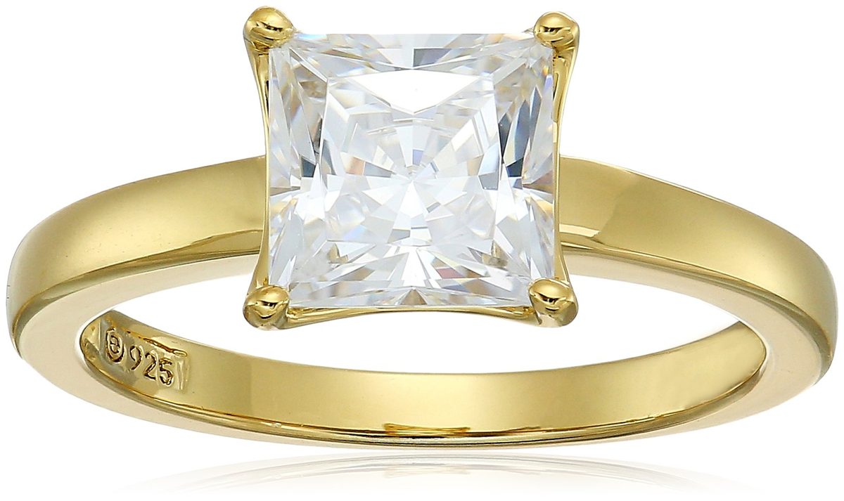 Yellow-Gold Plated Sterling Silver Princess-Cut Solitaire Ring made with Swarovski Zirconia (2 cttw), Size 6