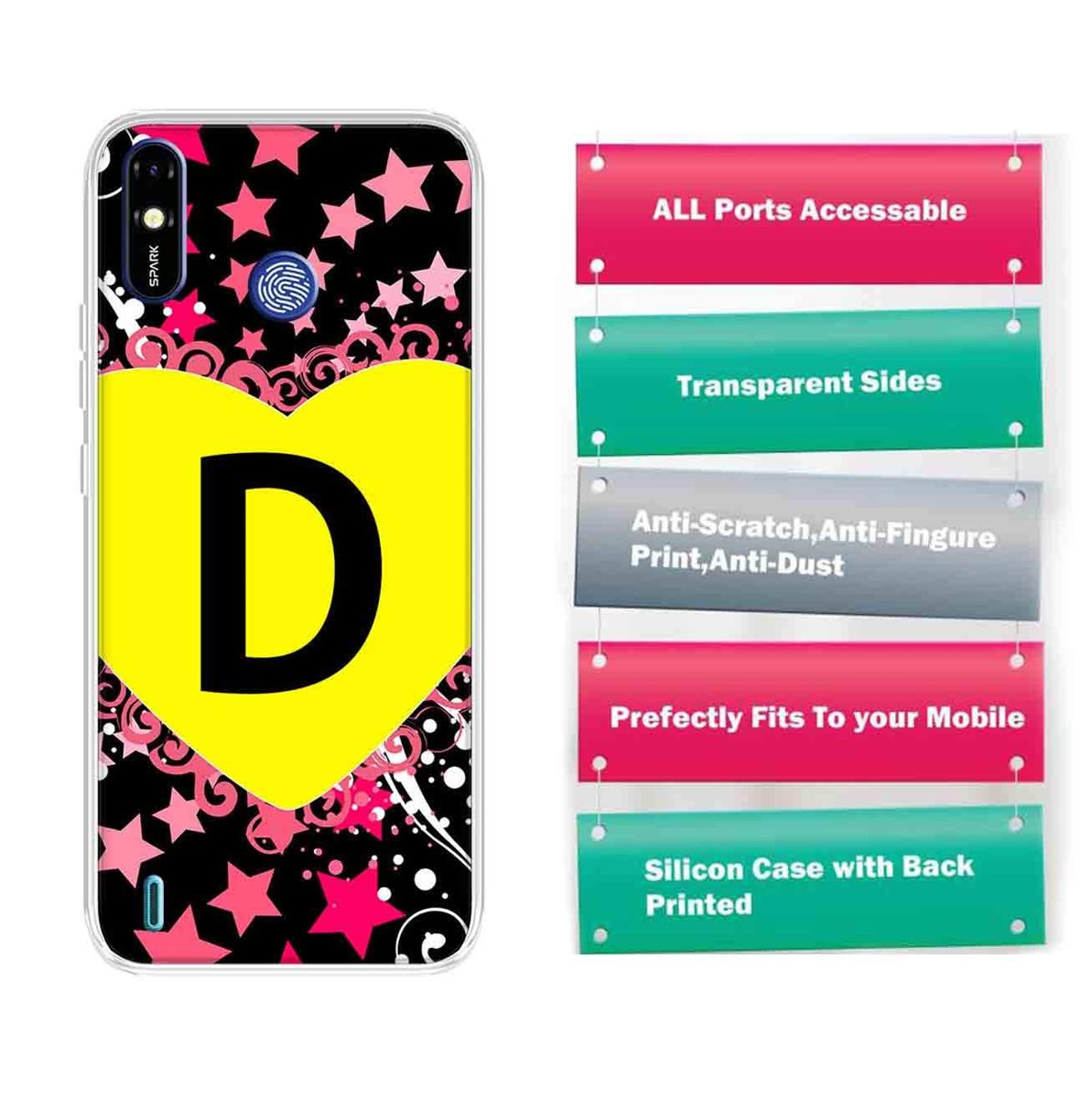 Amazon Brand - Solimo Designer Multicolor Heart Pattern Alphabet-D Printed Soft Back Case Mobile Cover for Tecno Spark Go Plus