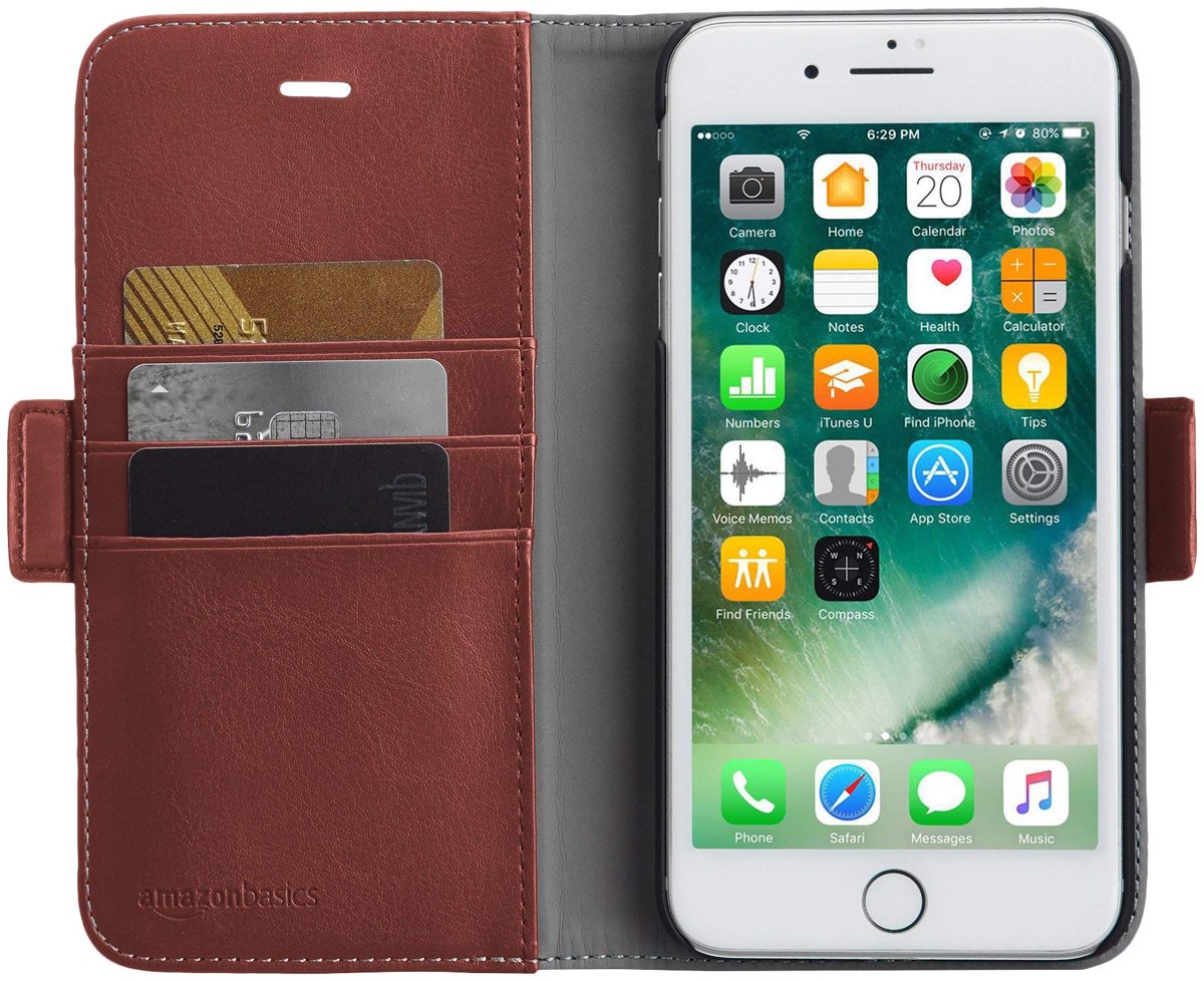 AmazonBasics iPhone 8 Plus / 7 Plus PU Leather Wallet Detachable Case, Dark Brown (Renewed)