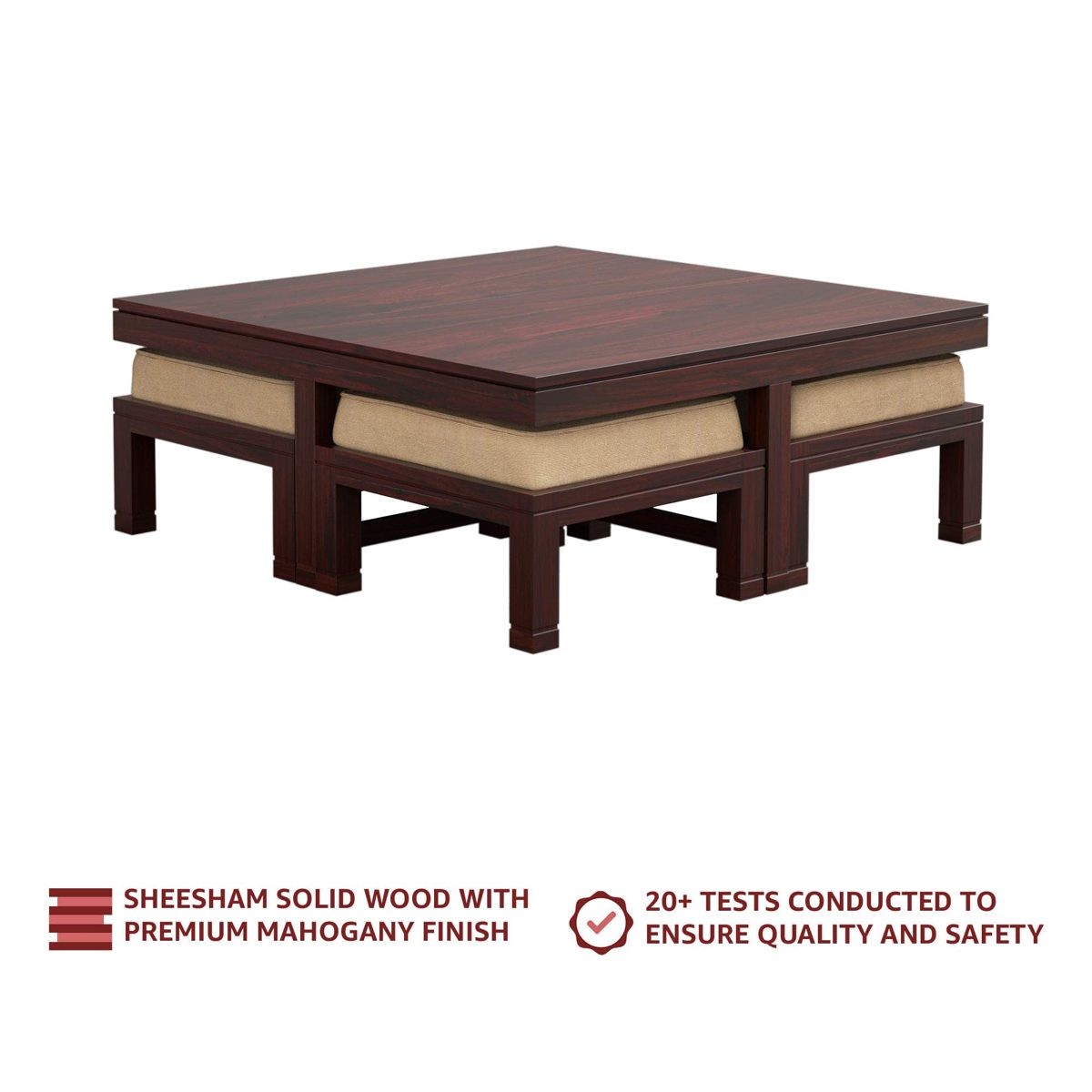 Amazon Brand - Solimo Andro Solid Sheesham Wood Coffee Table with 4 Stools (Mahogany Finish)